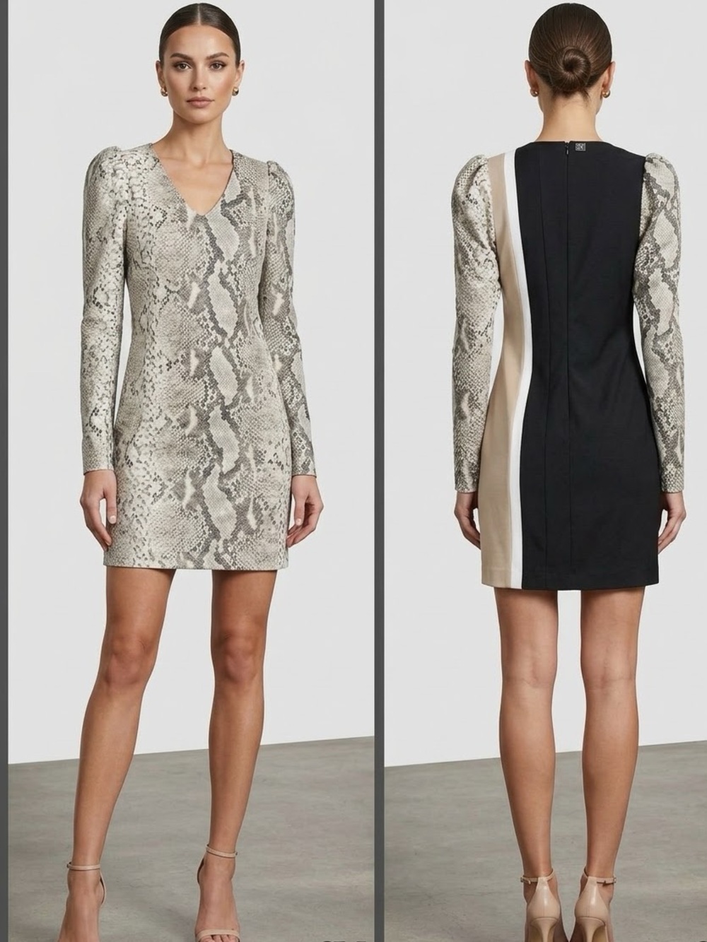 CAVALLI Class Beige/Black Mixed Media Snake Print/Striped Shift Dress: Size 4